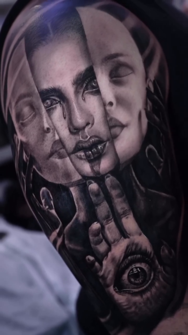 Multiple faces and an eye realism tattoo by Daniela Pusateri