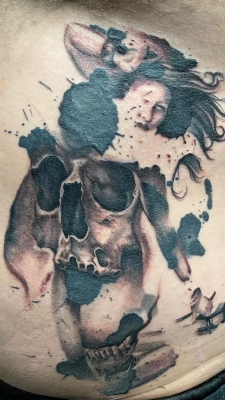 Skull and woman realism tattoo by Hot Dawg