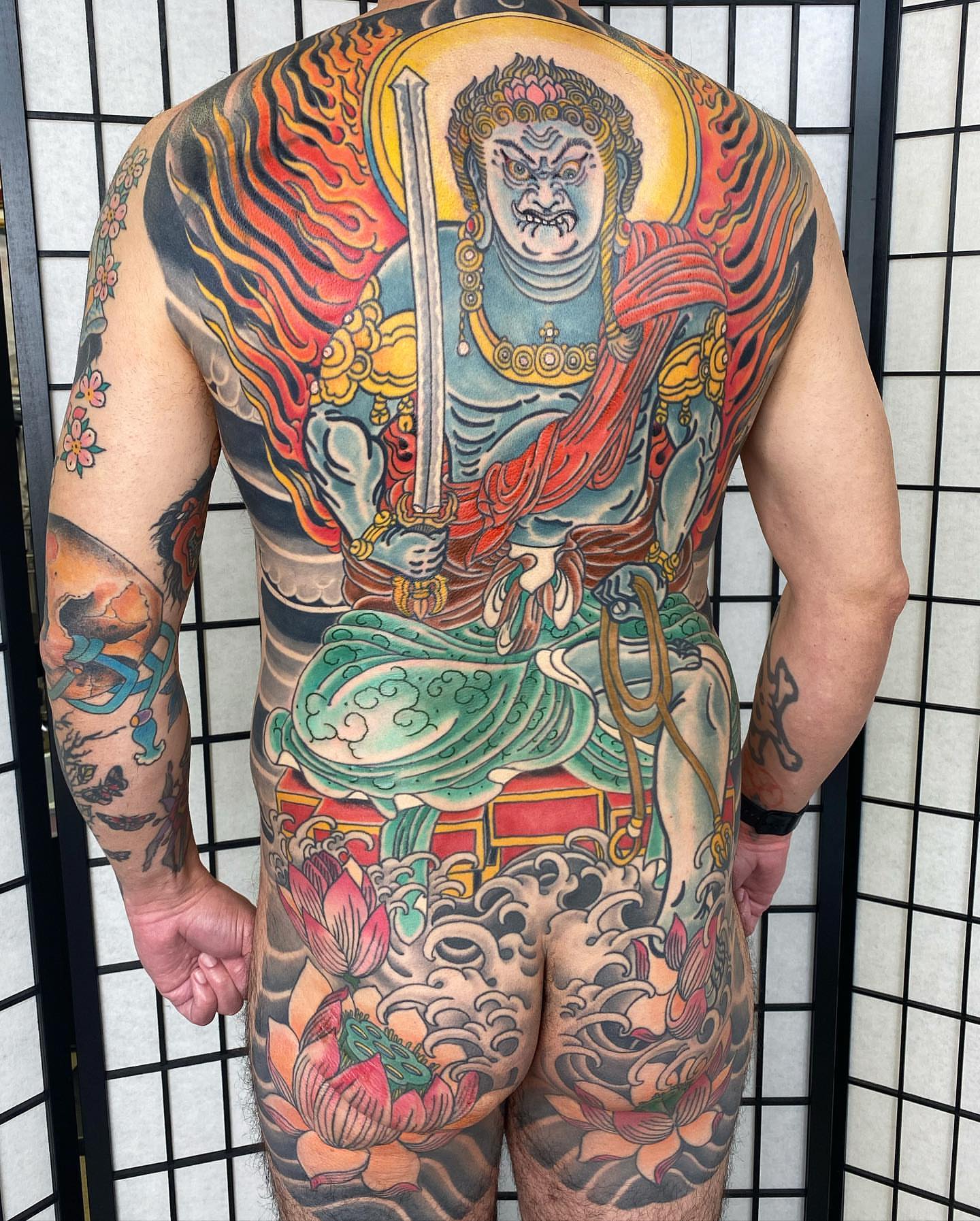Warrior deity japanese irezumi tattoo on the back by B e A U B R A D y, Costa Mesa, California