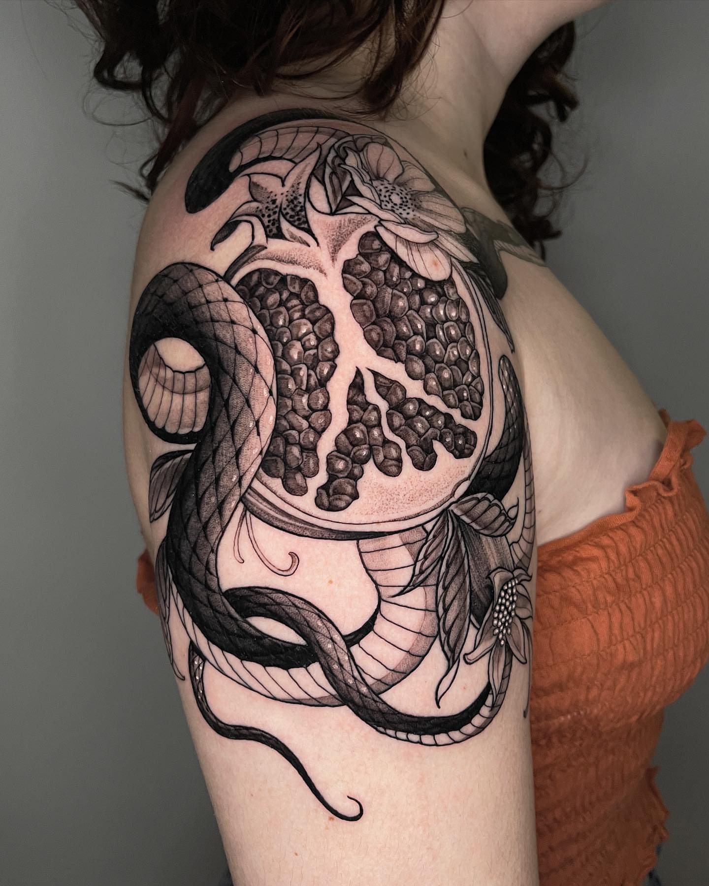 Snake and tree realism tattoo on the shoulder by Las Vegas Tattoo Artist