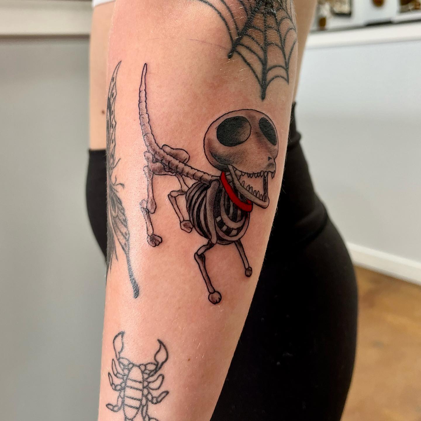 Skeleton dog black and grey tattoo on the forearm by Allie Tippets, Gilbert, Arizona
