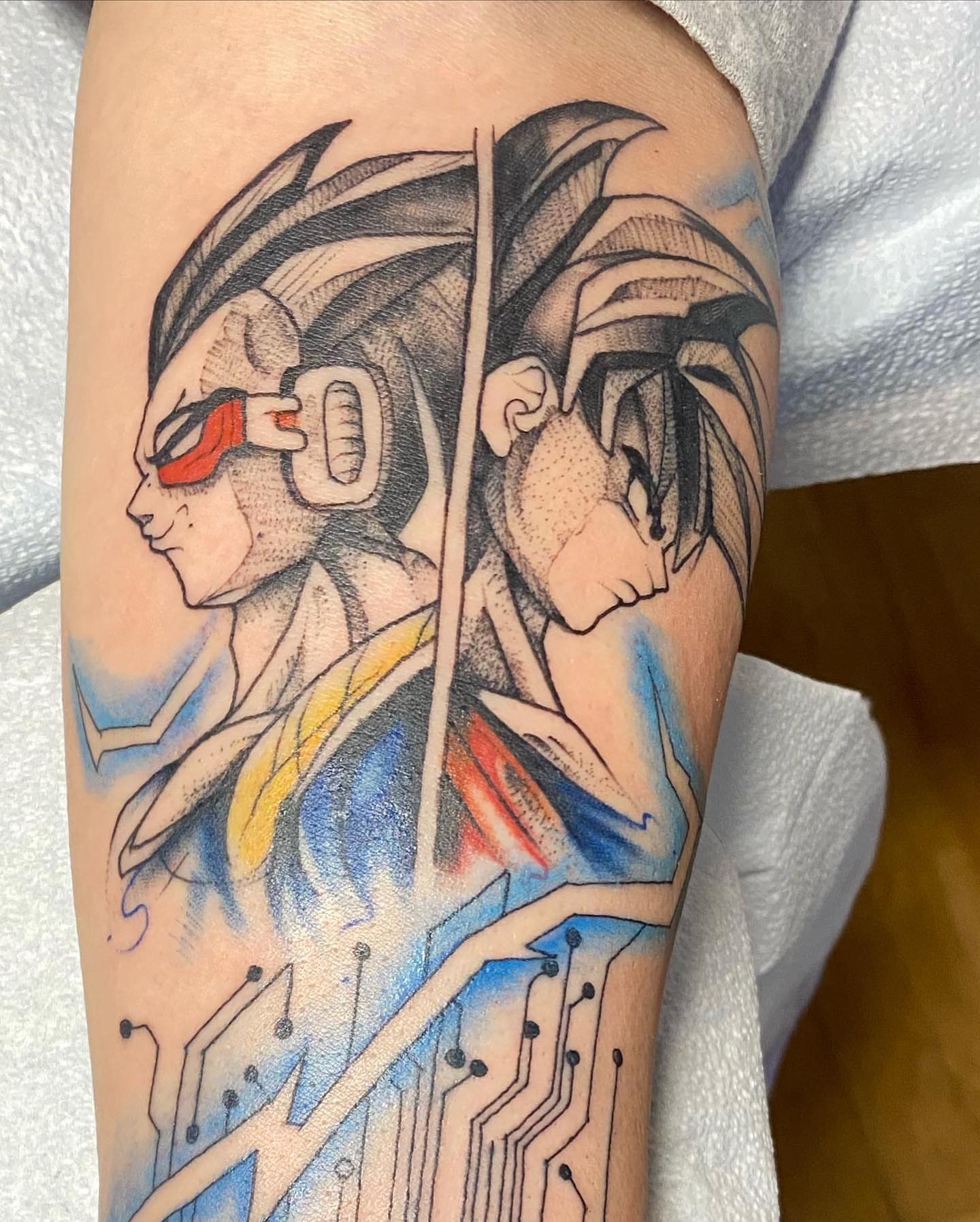 Dragon ball characters dotwork tattoo on the forearm by Shamanic Ink