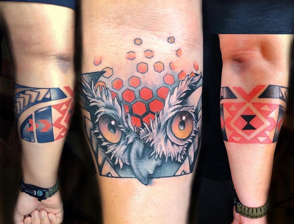 Owl geometric tattoo on the forearm by Shamanic Ink