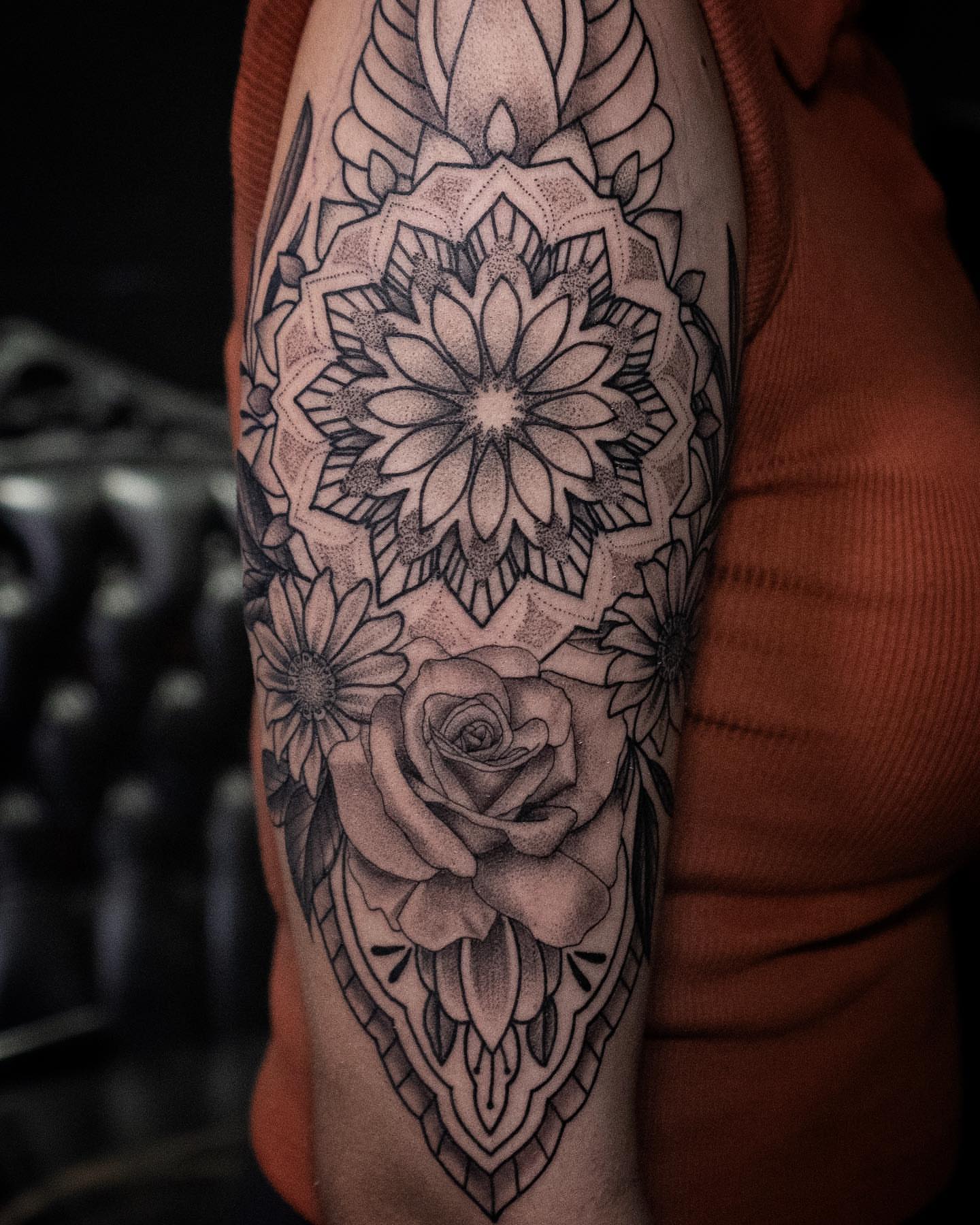 Floral mandala dotwork tattoo on the forearm by all gas no brakes! no days off!