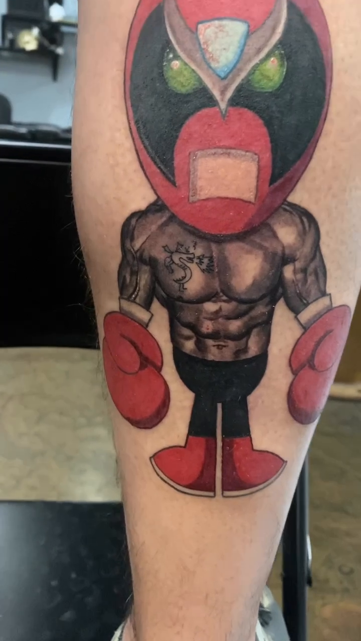 Boxer character new school tattoo by Adrian Dominguez, Las Vegas, Nevada