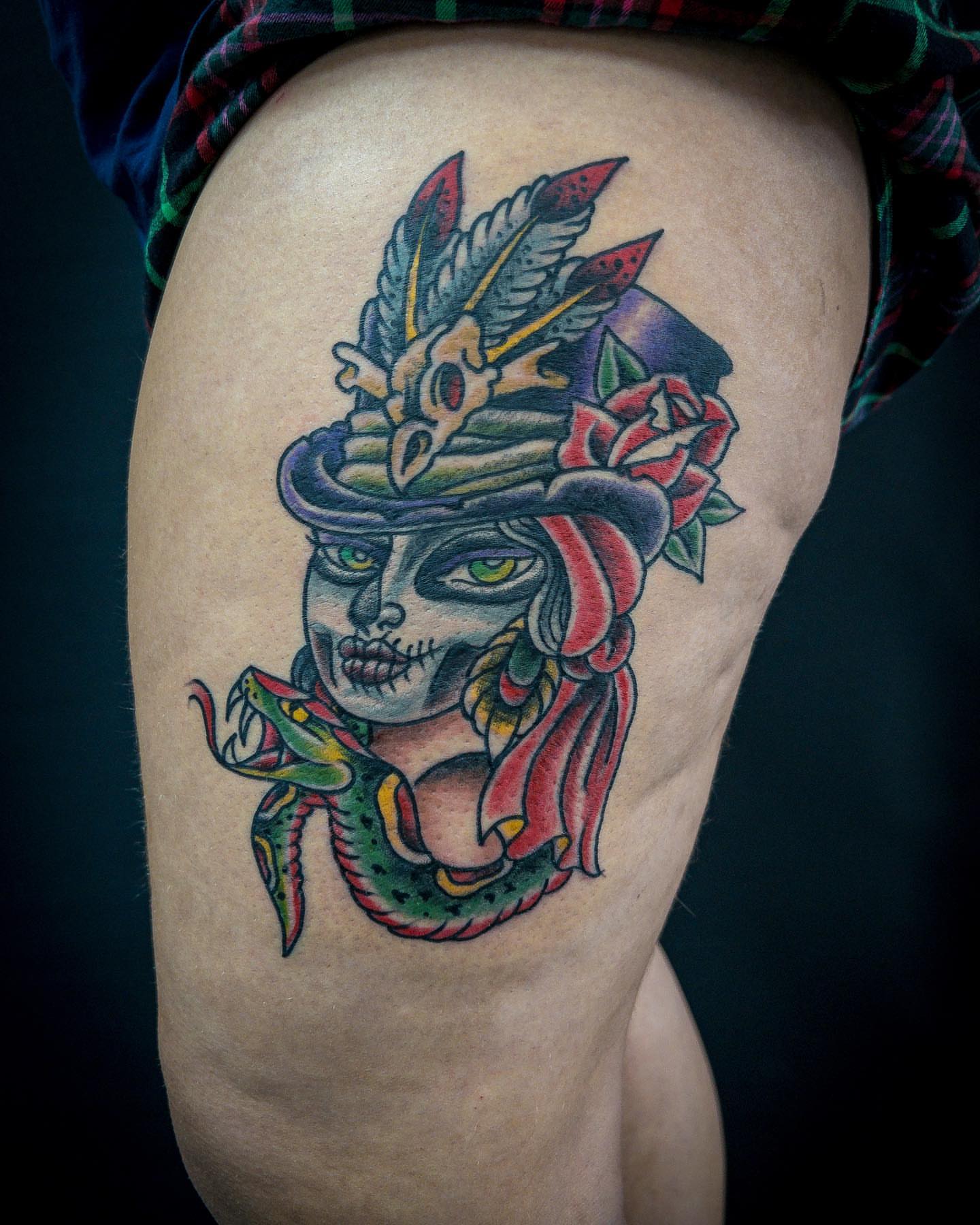 Japanese geisha American traditional tattoo on the thigh by Scott Allen