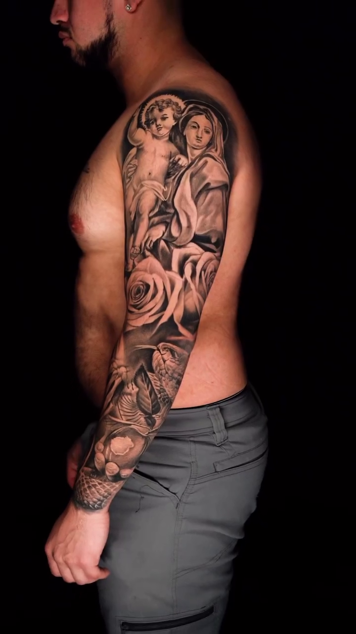 Religious figures and roses realism tattoo by P.Lok