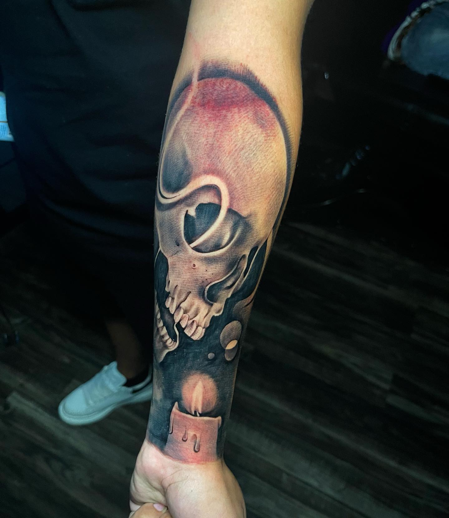 Skull with candle realism tattoo on the forearm by George Maldonado Austin, Austin, Texas