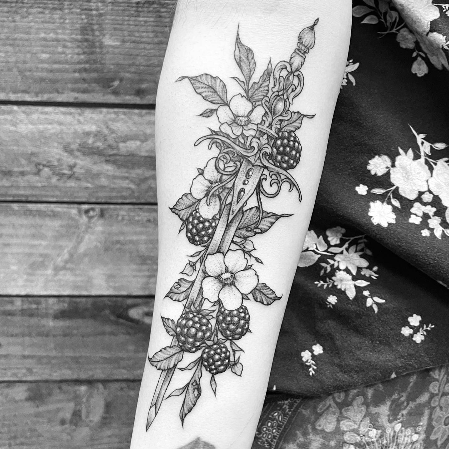 Knife and berries dotwork tattoo on the forearm by โพ ๐
๐ฏ๐ฆ ๐๐ฌ๐ด๐ข๐ฏ๐ฐ โพ