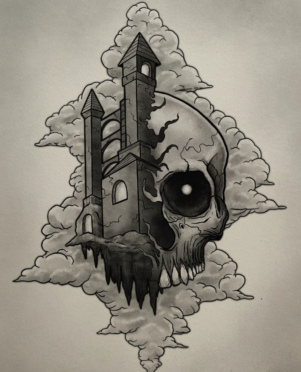 Skull and tower dark realism tattoo by Perry