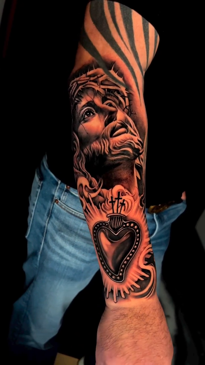 Jesus Christ and Sacred Heart realism tattoo by P.Lok