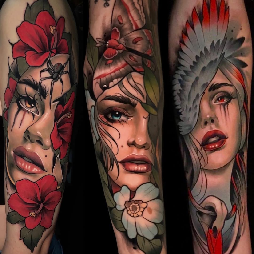 Portraits with floral and insect elements realism tattoo on the forearm by Andrey