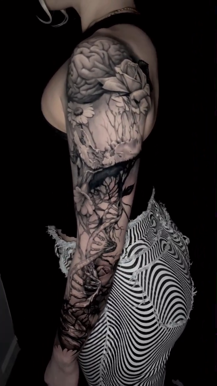 Woman with trees and animals dark realism tattoo by Sean Flood