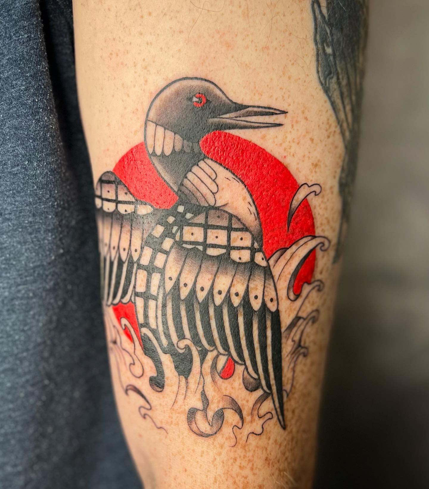 Loon American traditional tattoo on the forearm by Blu
