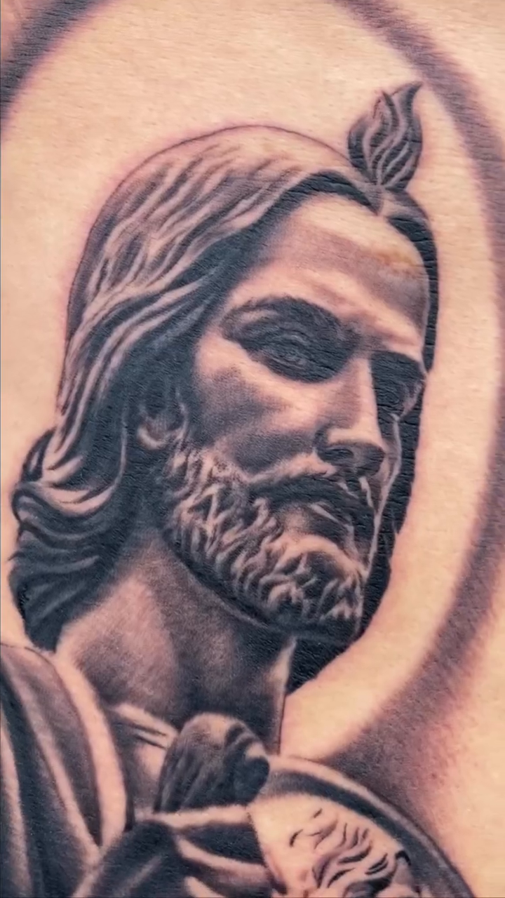 Saint Jude realism tattoo by El Pato, San Jose, California