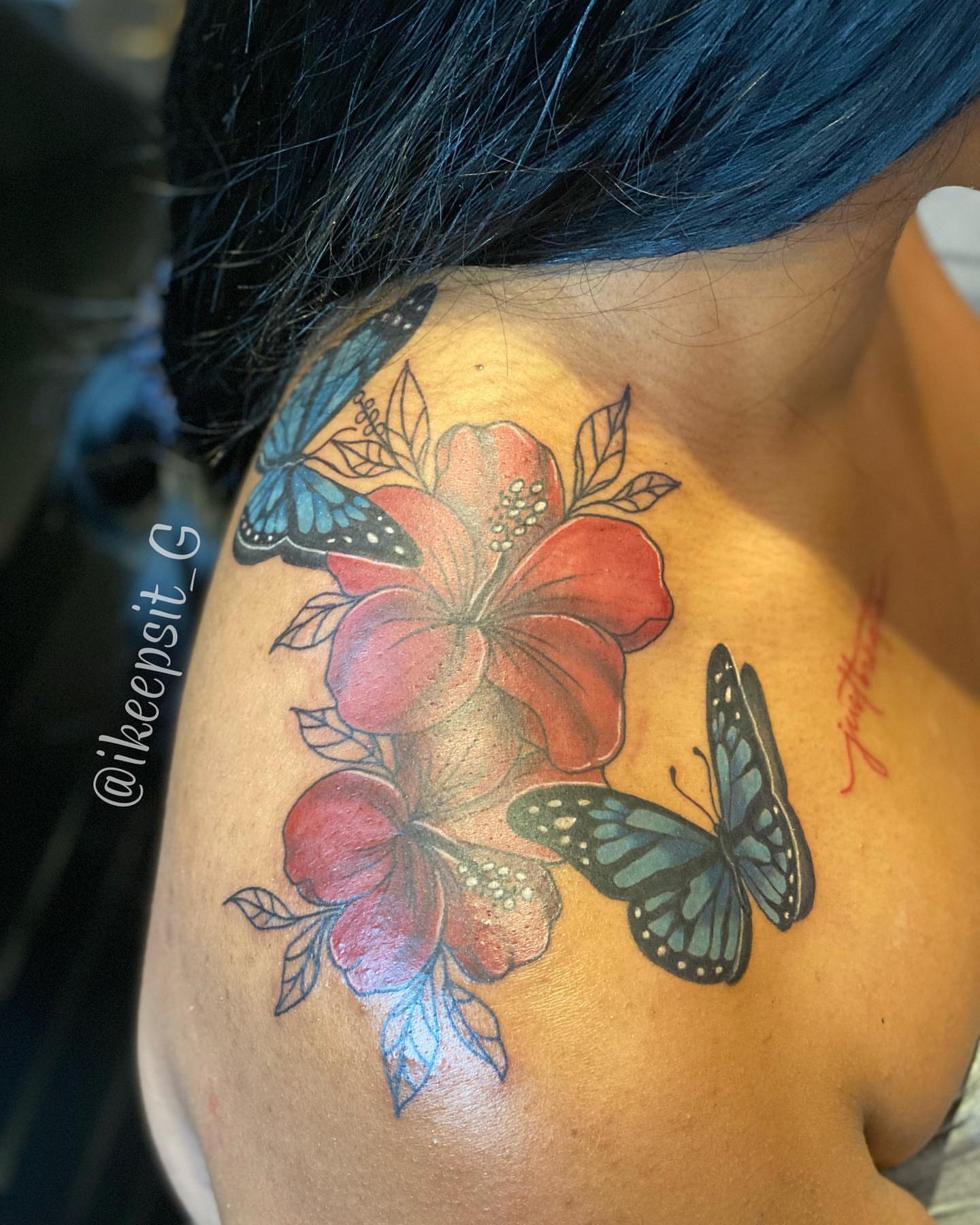 Flowers and butterflies realism tattoo on the shoulder by Prolific🏁so Gifted