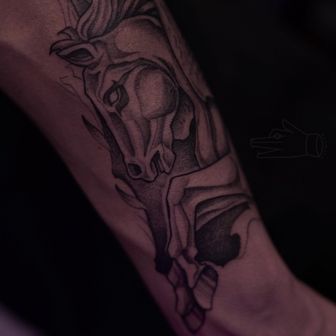 Horse black and grey tattoo on the forearm by ✧ Maria ✧