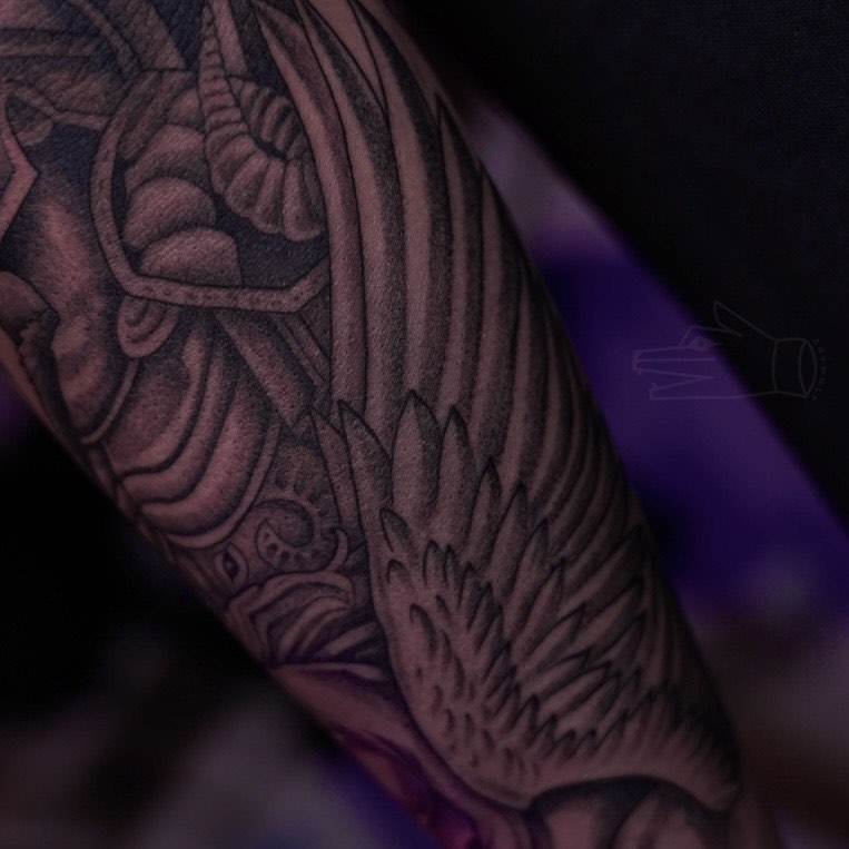 Wing and dragon geometric tattoo on the forearm by ✧ Maria ✧