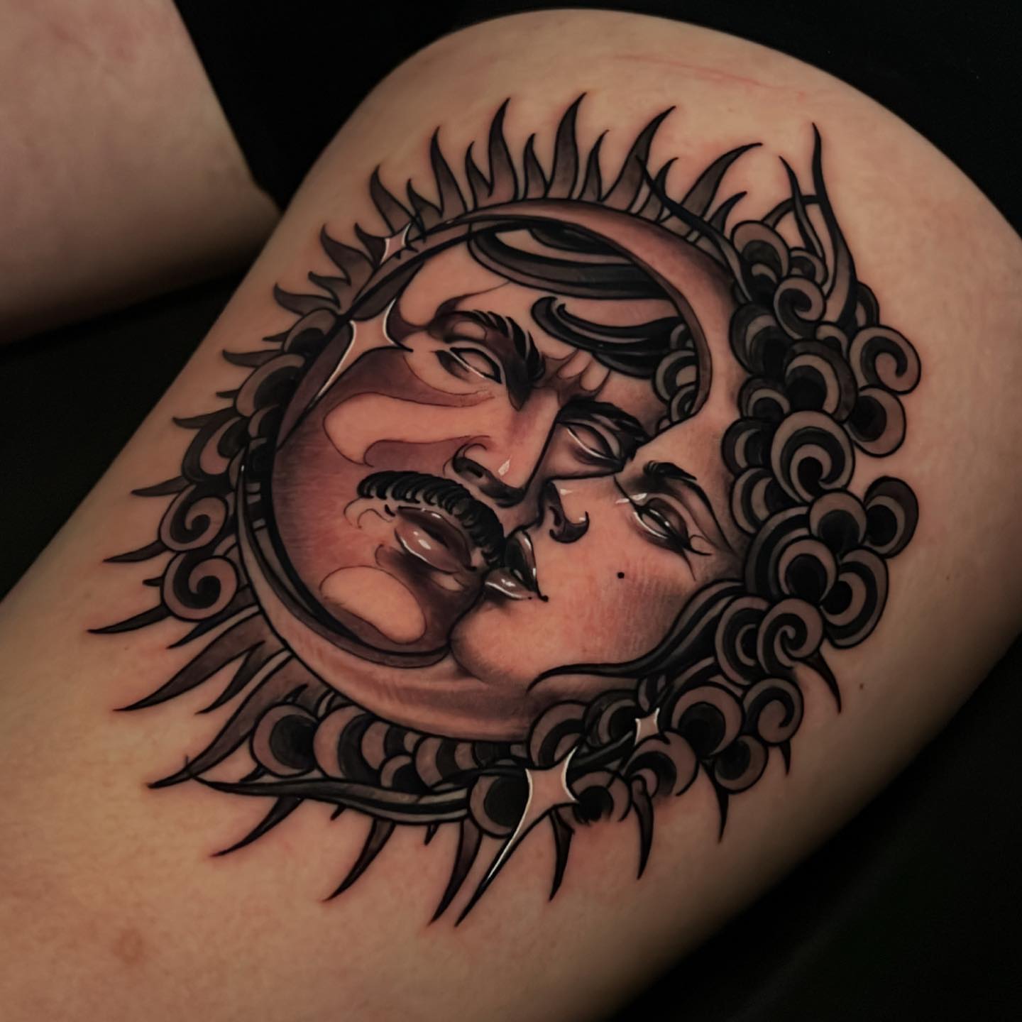 Sun and moon realism tattoo on the thigh by Tony Trophy
