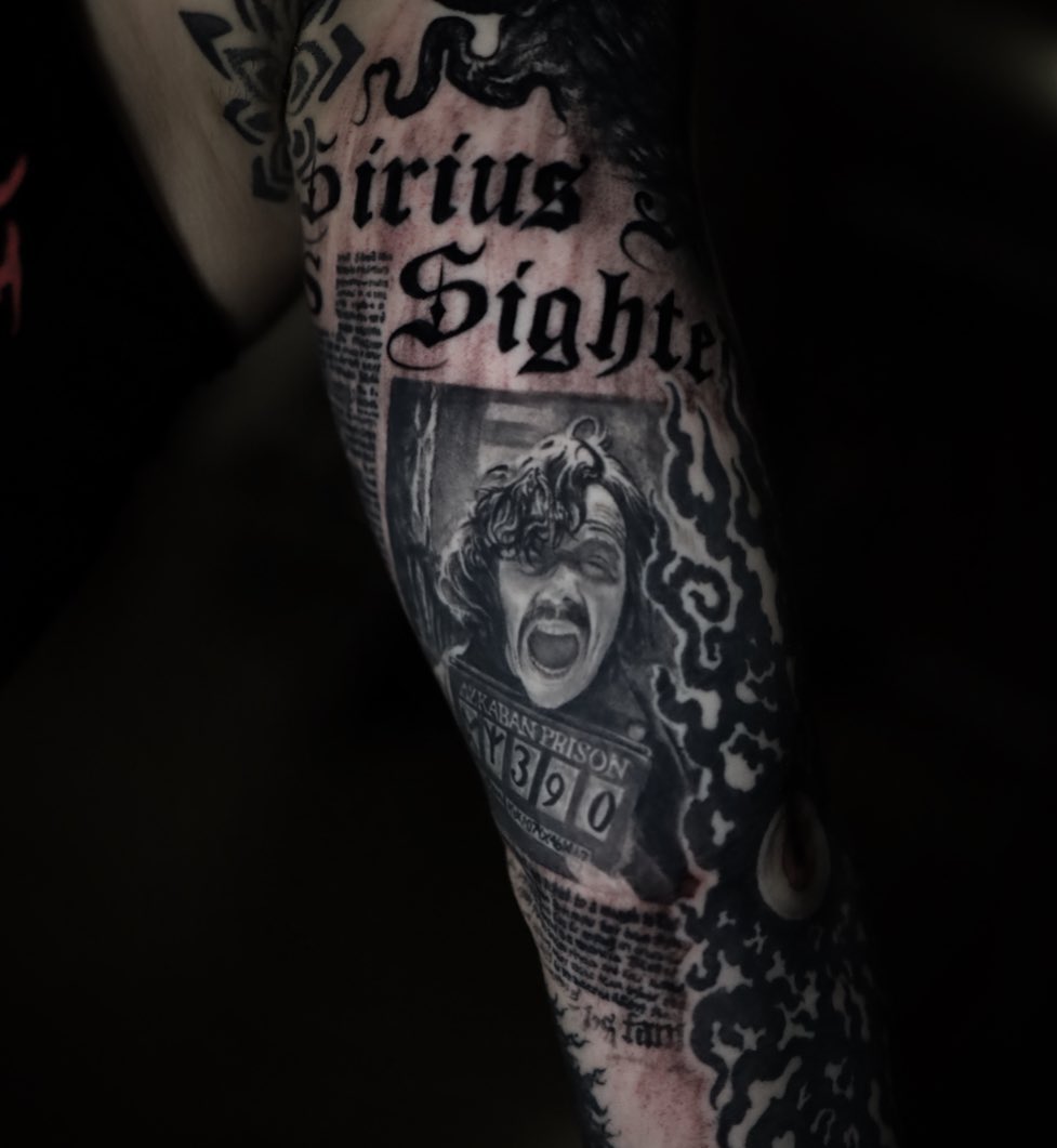 Horror movie poster realism tattoo on the forearm by Gabriel Varelas, Phoenix, Arizona