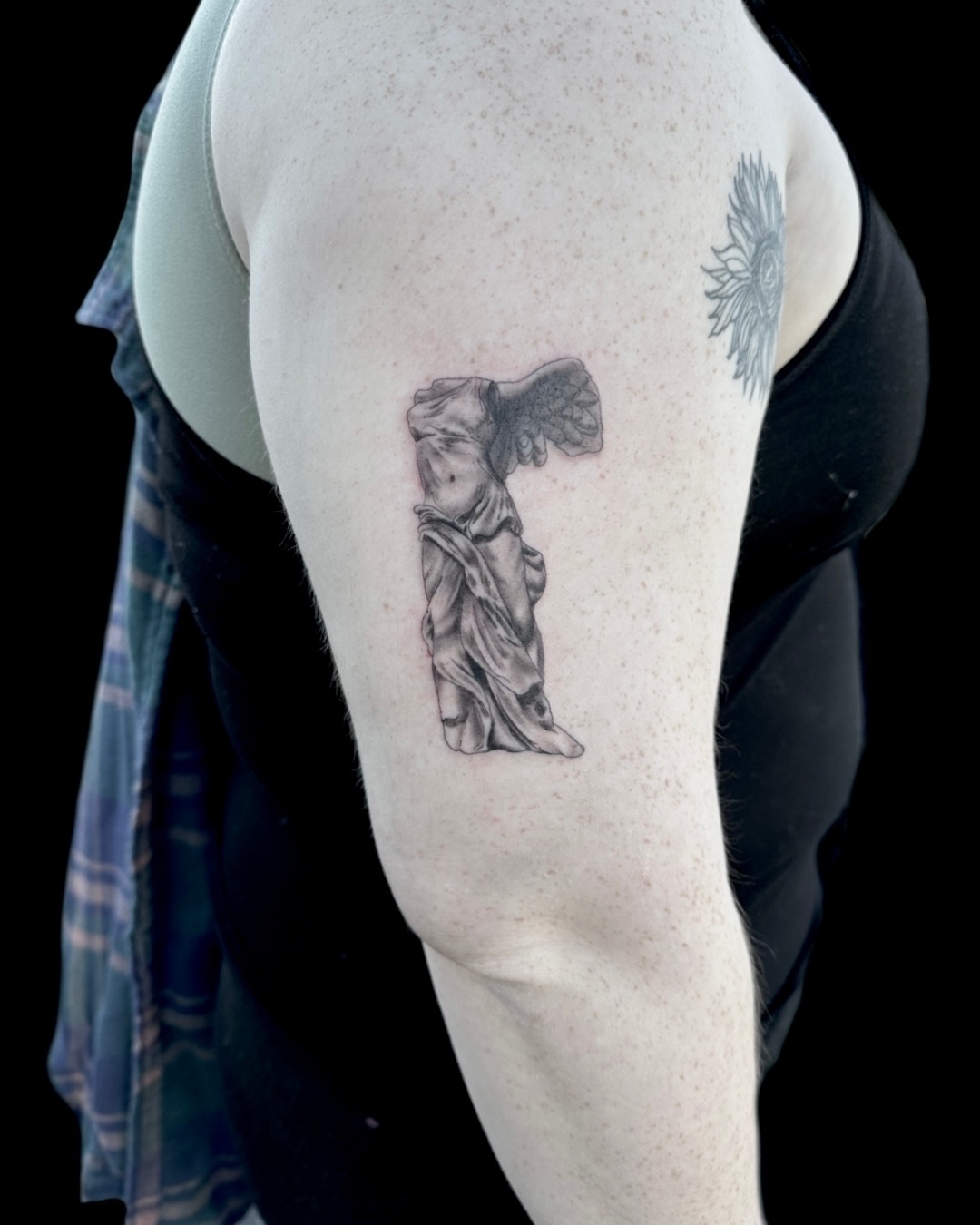 Statue black and grey tattoo on the forearm by Blake Owens, Nashville, Tennessee