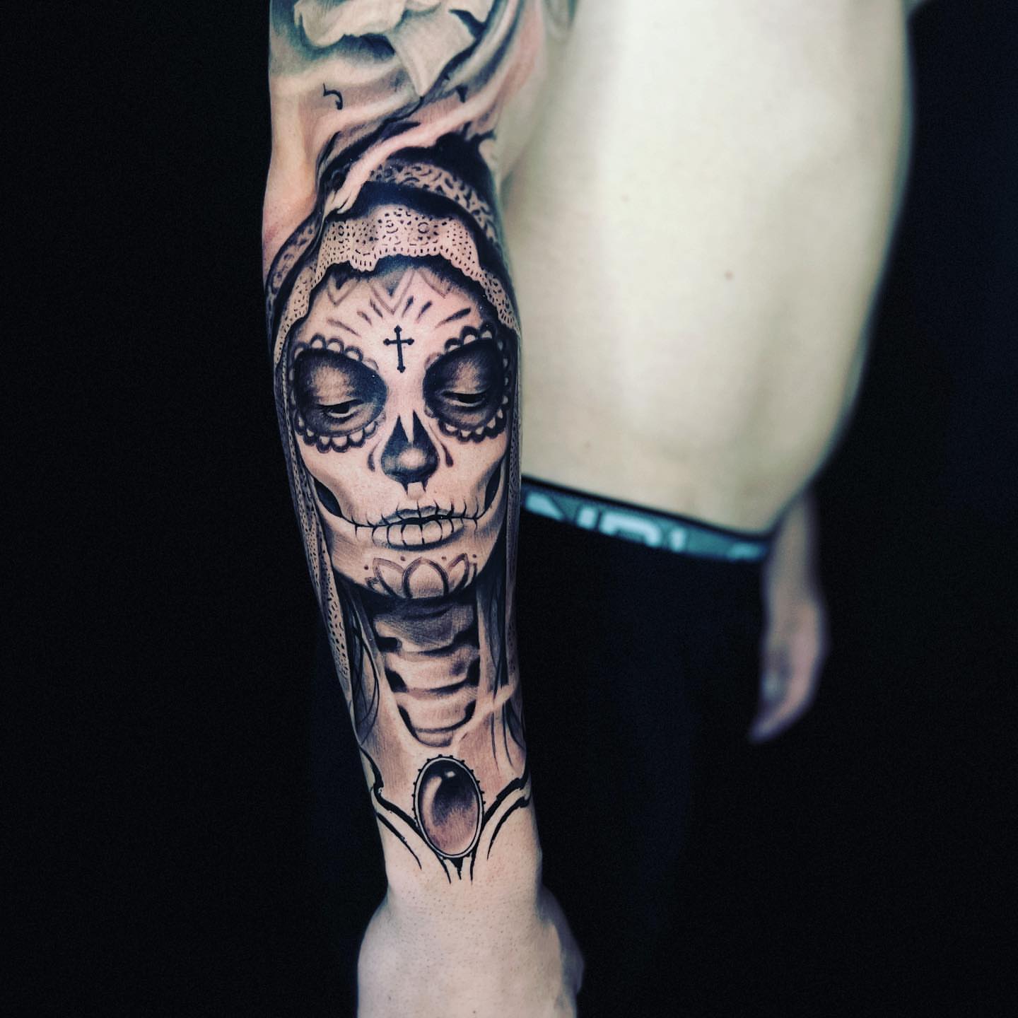 Sugar skull black and grey tattoo on the forearm by Luisd_art, Charlotte, North Carolina