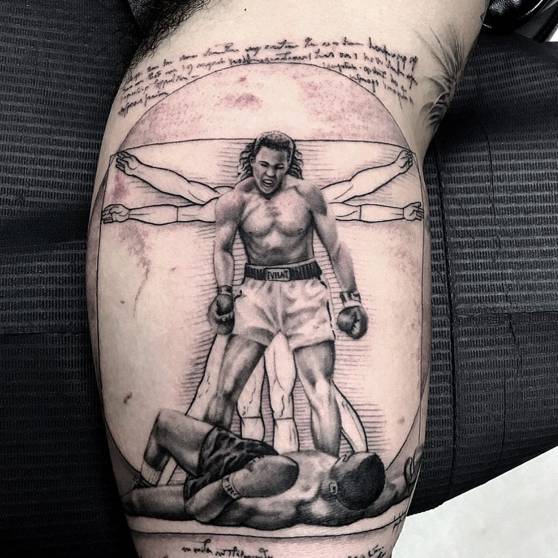 Boxing scene realism tattoo on the thigh by Luisd_art, Charlotte, North Carolina