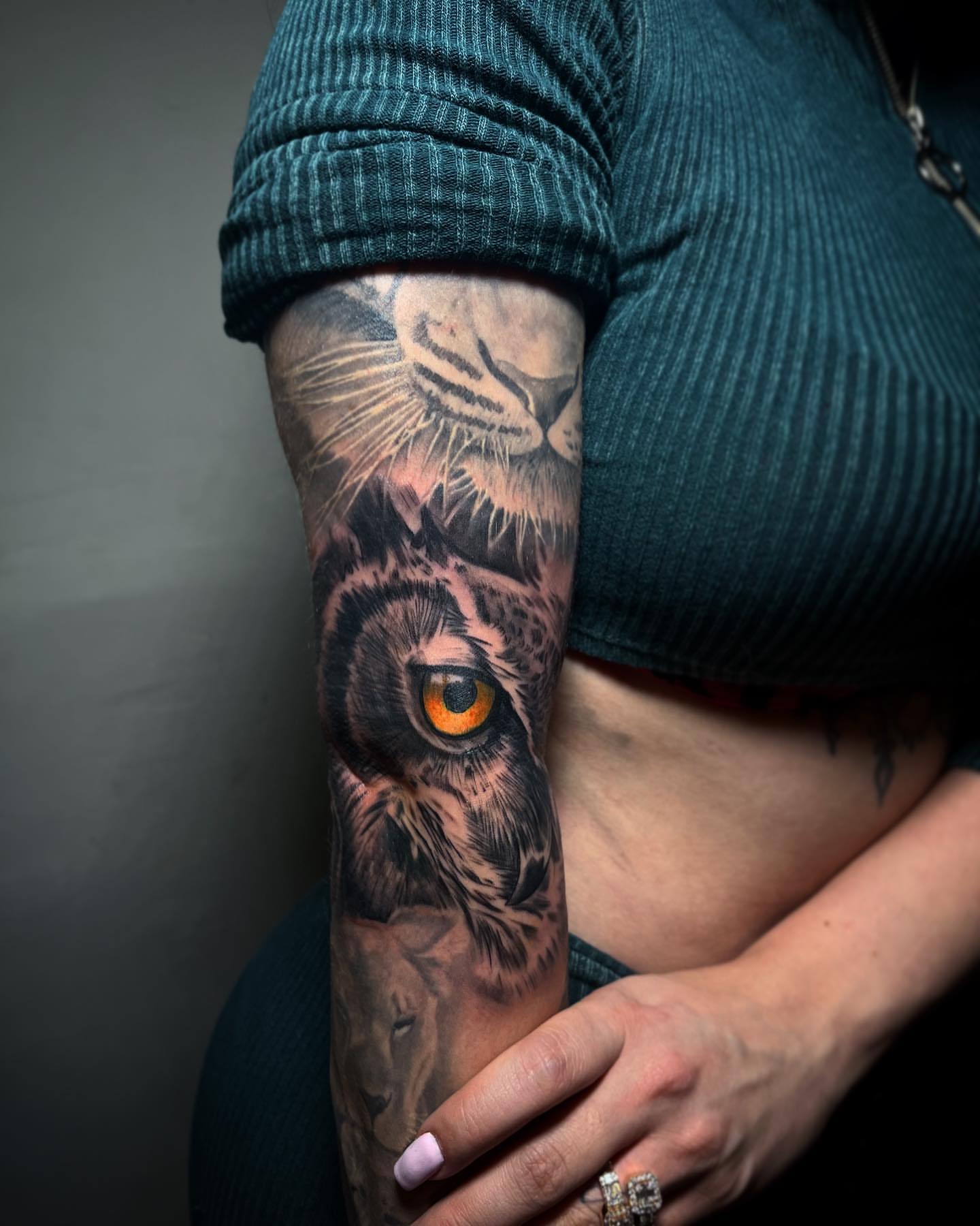 Owl realism tattoo on the forearm by Tattoos in Fort Myers, Fl
