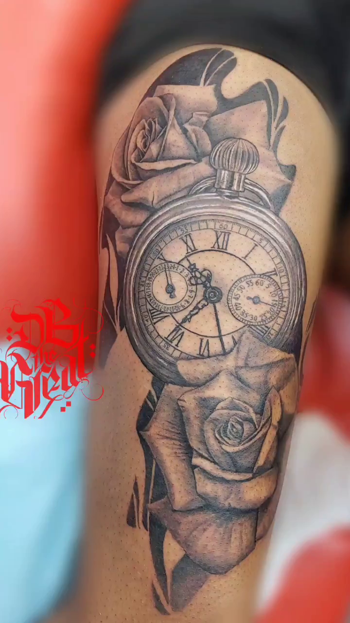 Pocket watch and roses realism tattoo by Dannie Blythewood
