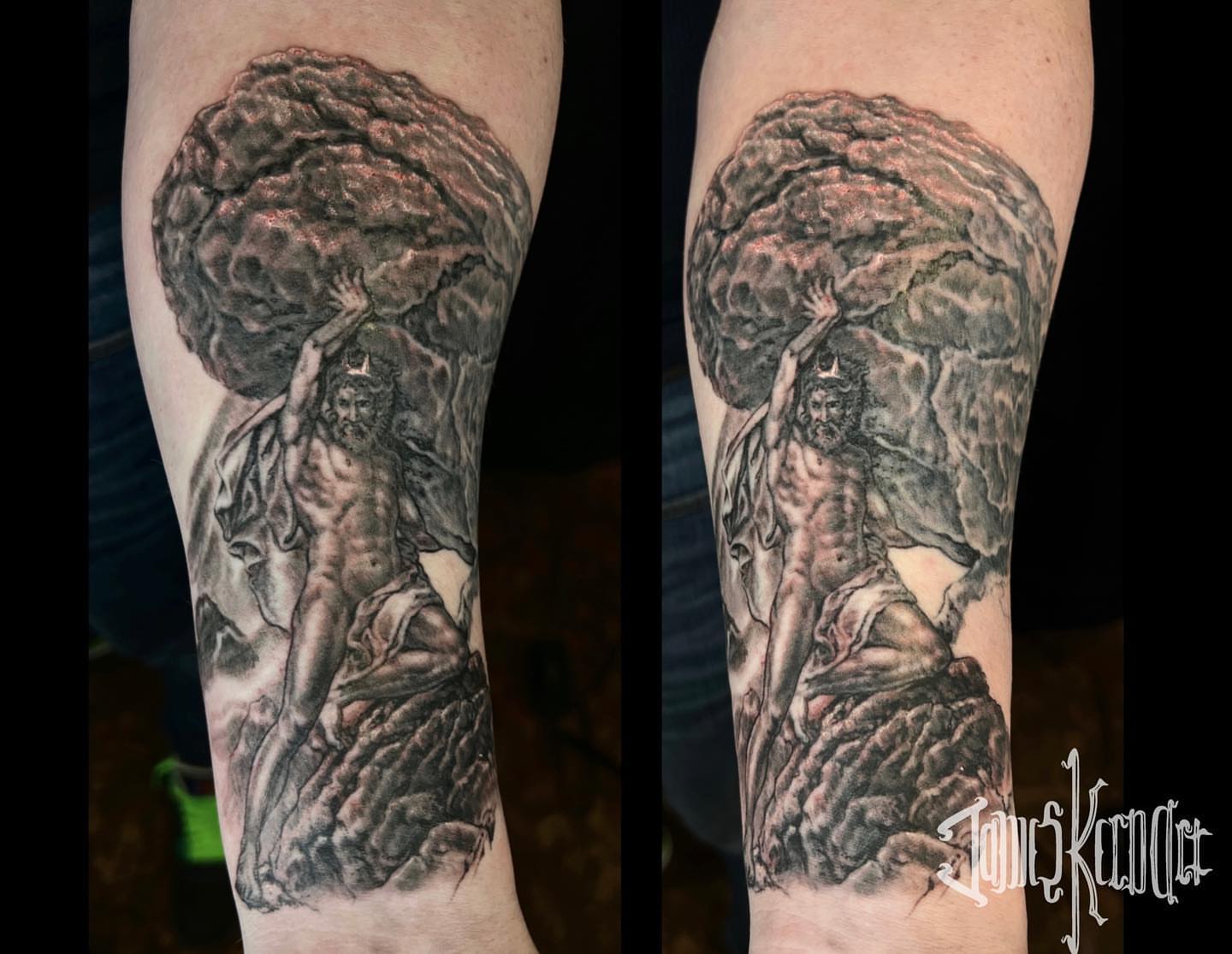 Hercules lifting rock realism tattoo on the forearm by James Kern * Visionary Tattoo Artist *