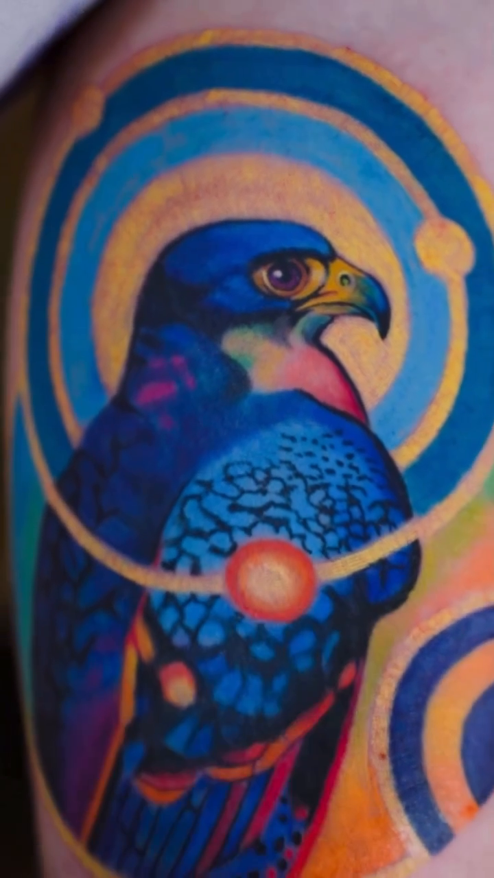 Falcon with celestial background realism tattoo by Sienna Coppa