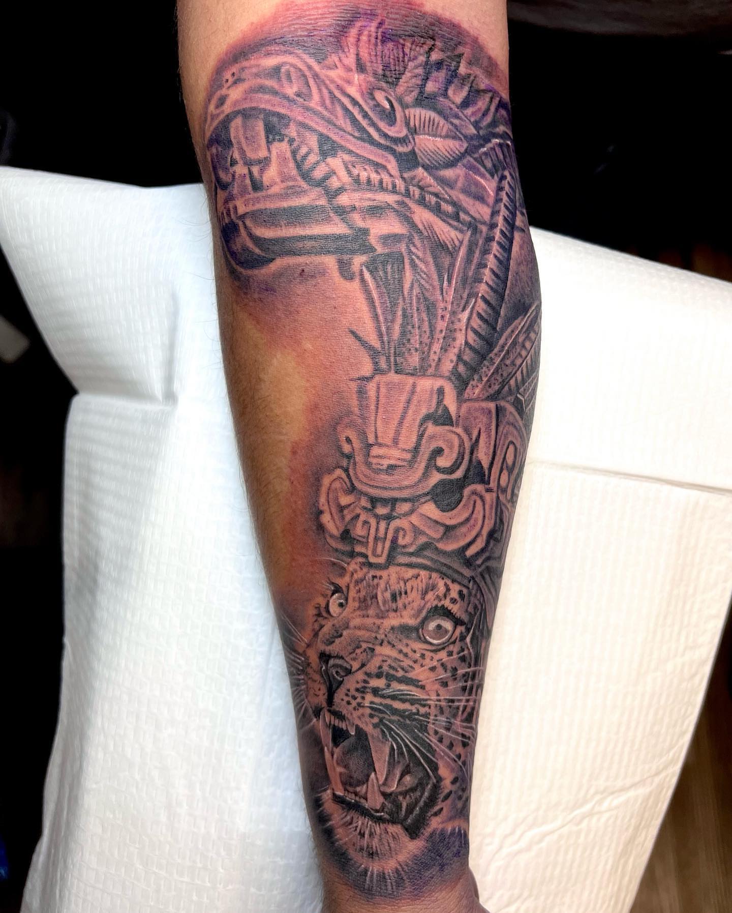 Jaguar and Mayan headdress realism tattoo on the forearm by The Tattoo Saint- DMV Tattoo Artist, Hyattsville, Maryland