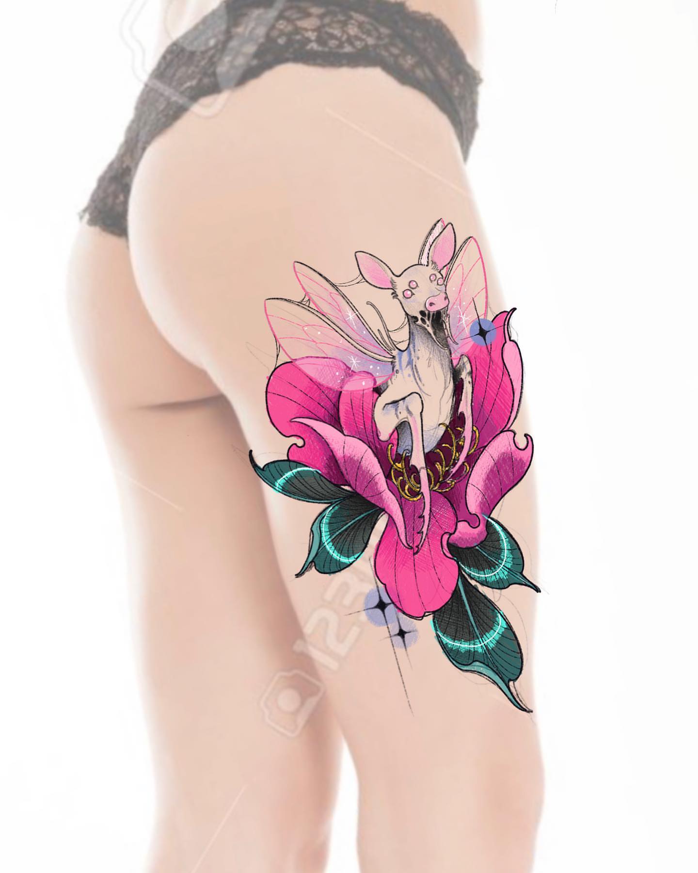 Fairy and flower new school tattoo on the thigh by Wendy Ruiz