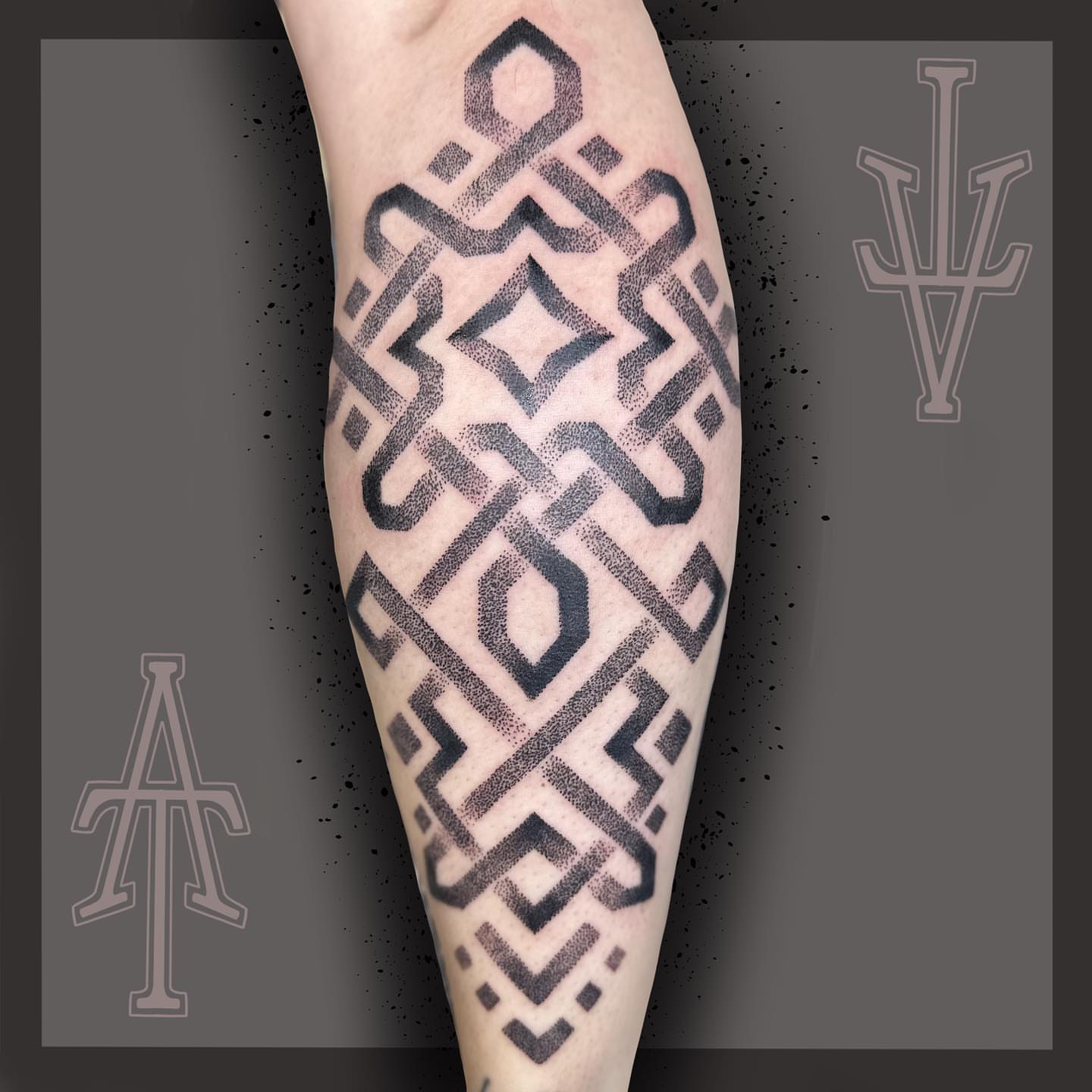 Geometric pattern dotwork tattoo on the forearm by Chris Dobransky