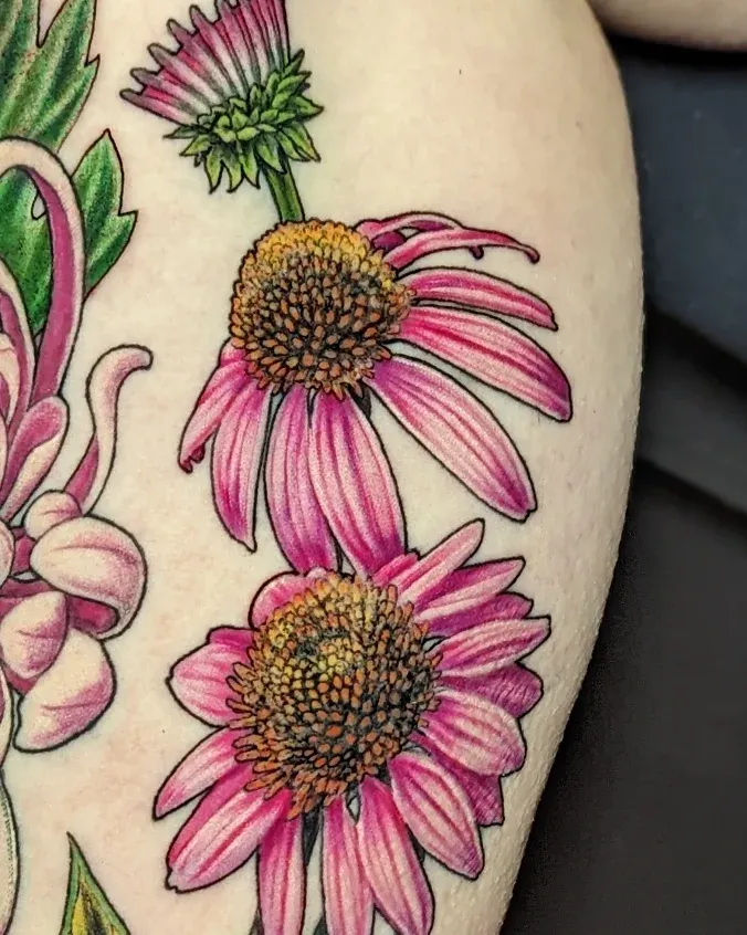 Echinacea flowers realism tattoo on the forearm by Jay Trip