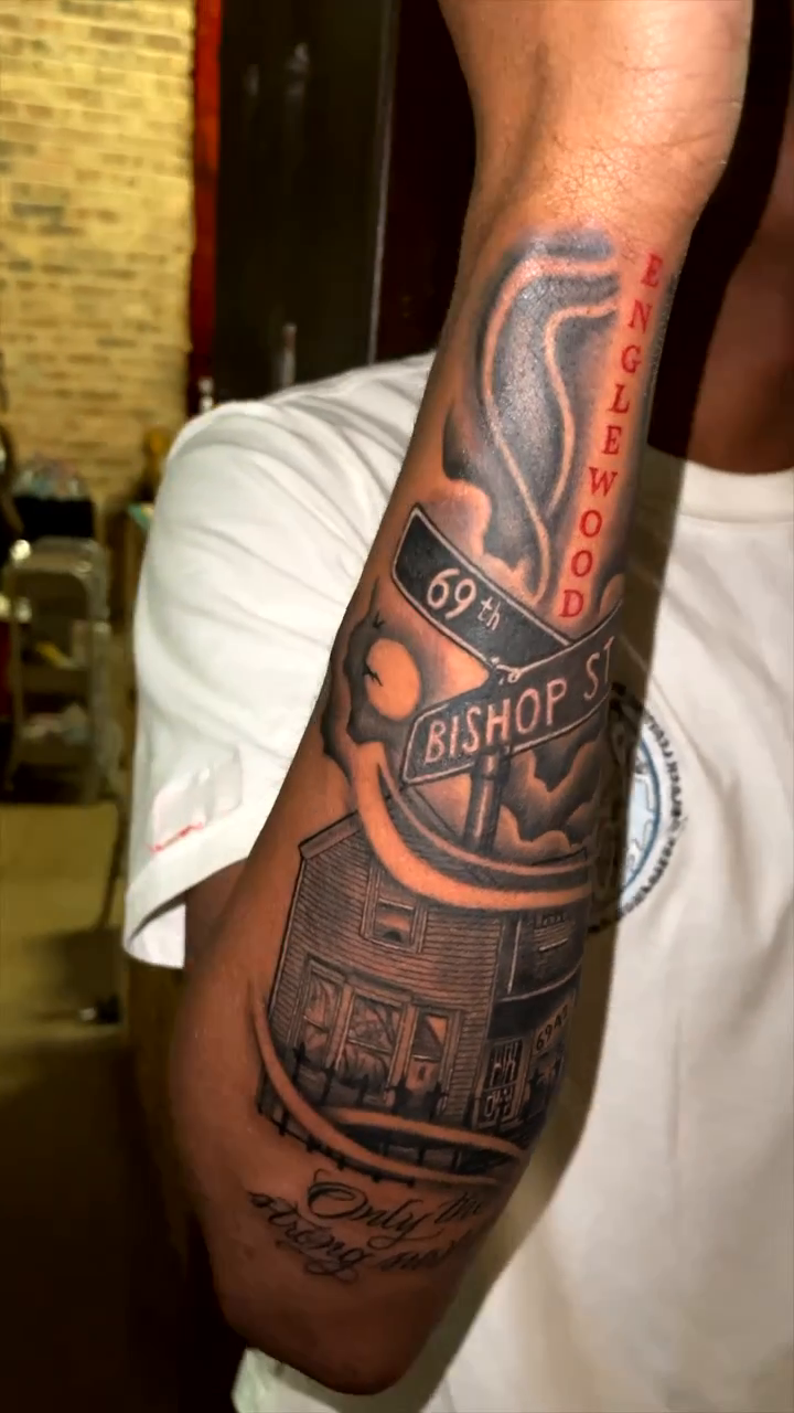 Street signs and buildings lettering script tattoo by Left My Mark