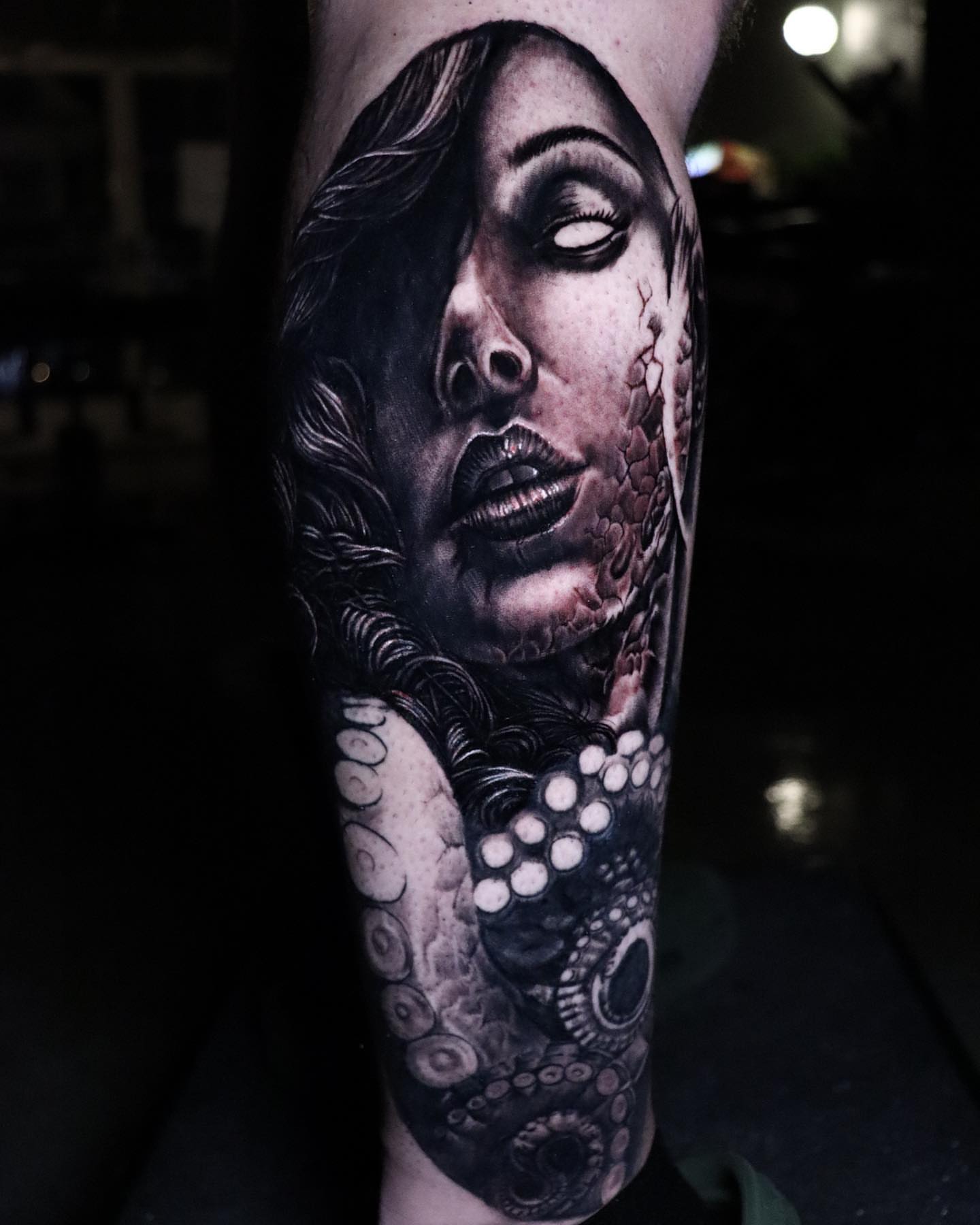 Woman's face realism tattoo on the forearm by Christian Medina, Sacramento, California
