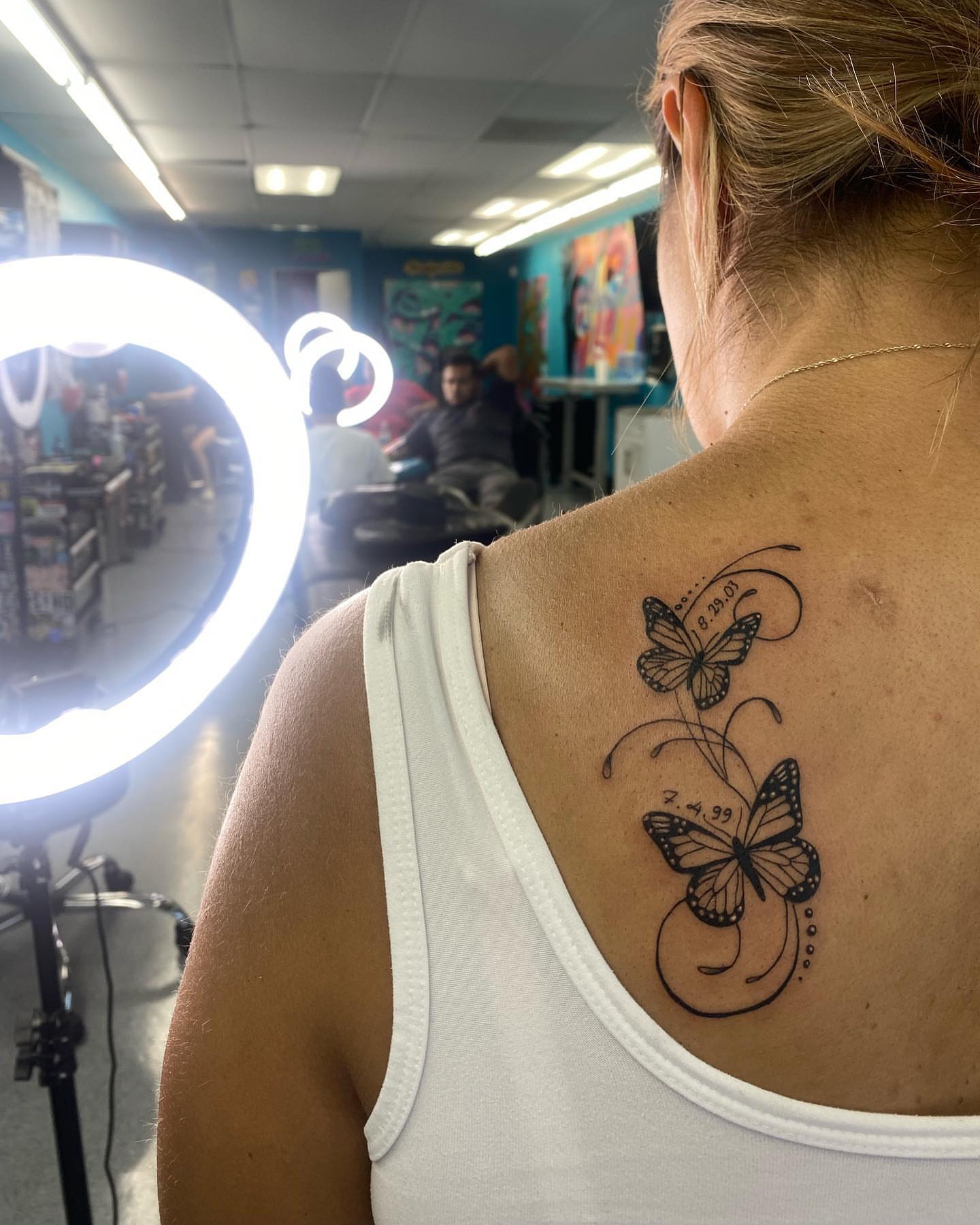 Butterfly black and grey tattoo on the shoulder by Steph π€