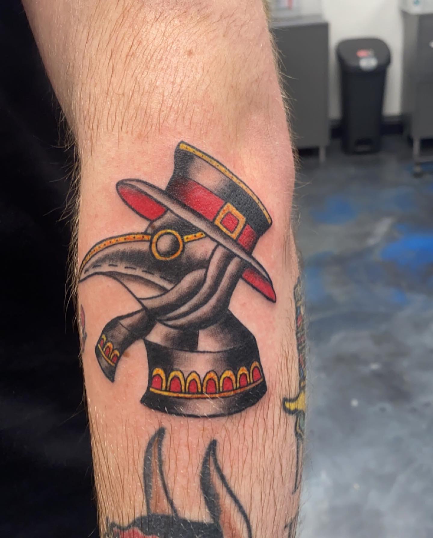 Plague doctor American traditional tattoo on the forearm by Kenzie🖤