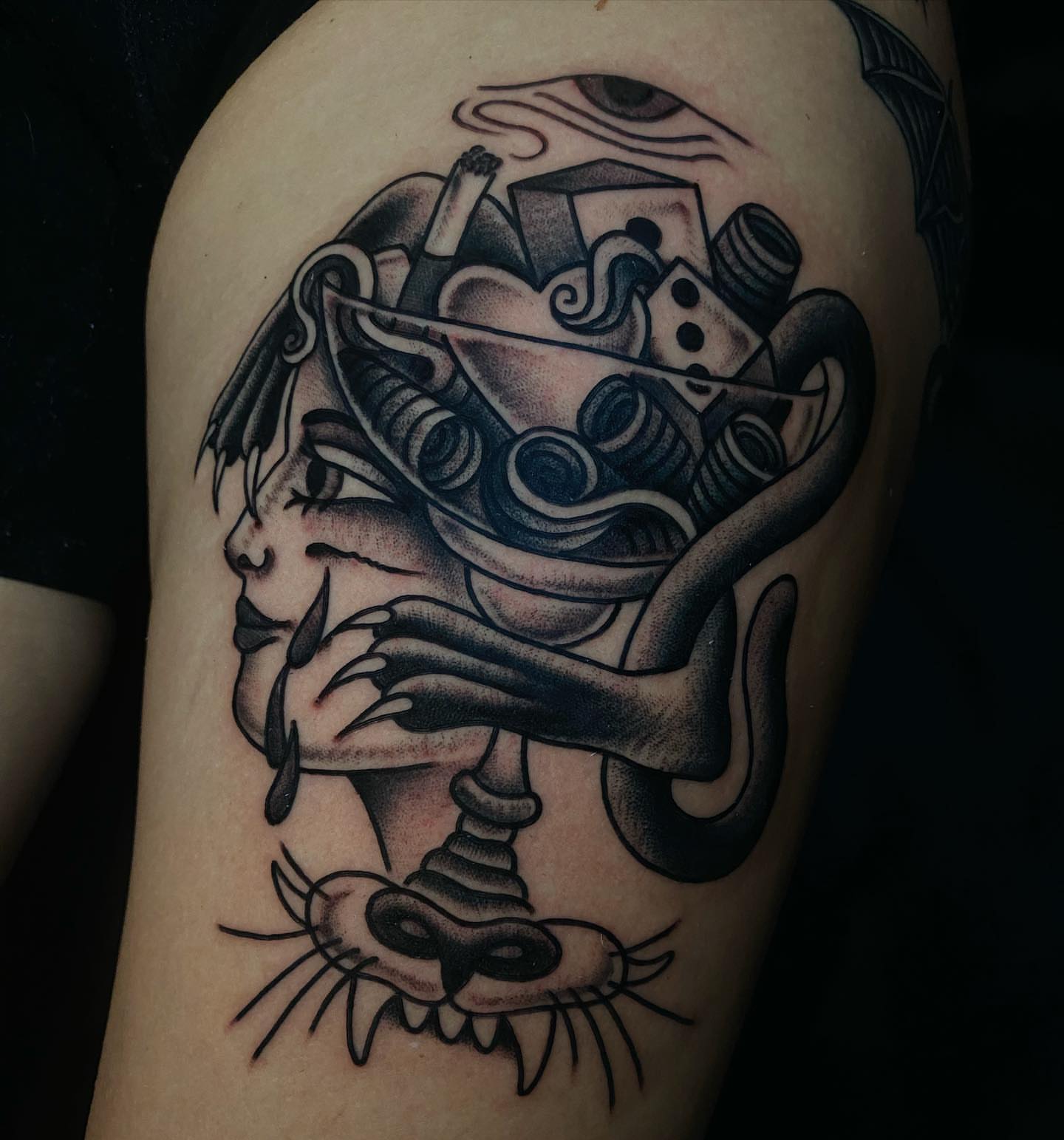 Cat and woman American traditional tattoo on the thigh by Britney Goodman