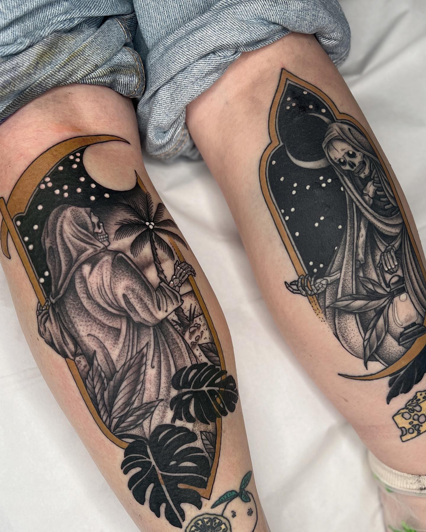 Reaper with moon dotwork tattoo on the thigh by Kyle Stacher - Blackwork Tattoos - Denver