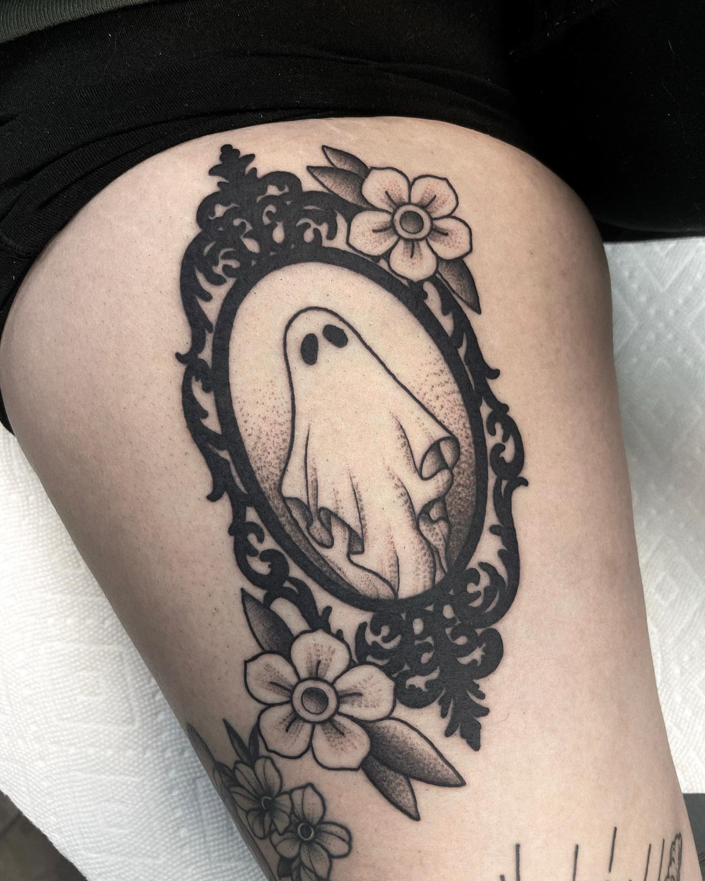 Ghost in mirror dotwork tattoo on the thigh by 𝐀𝐘𝐀𝐍𝐀𝐇