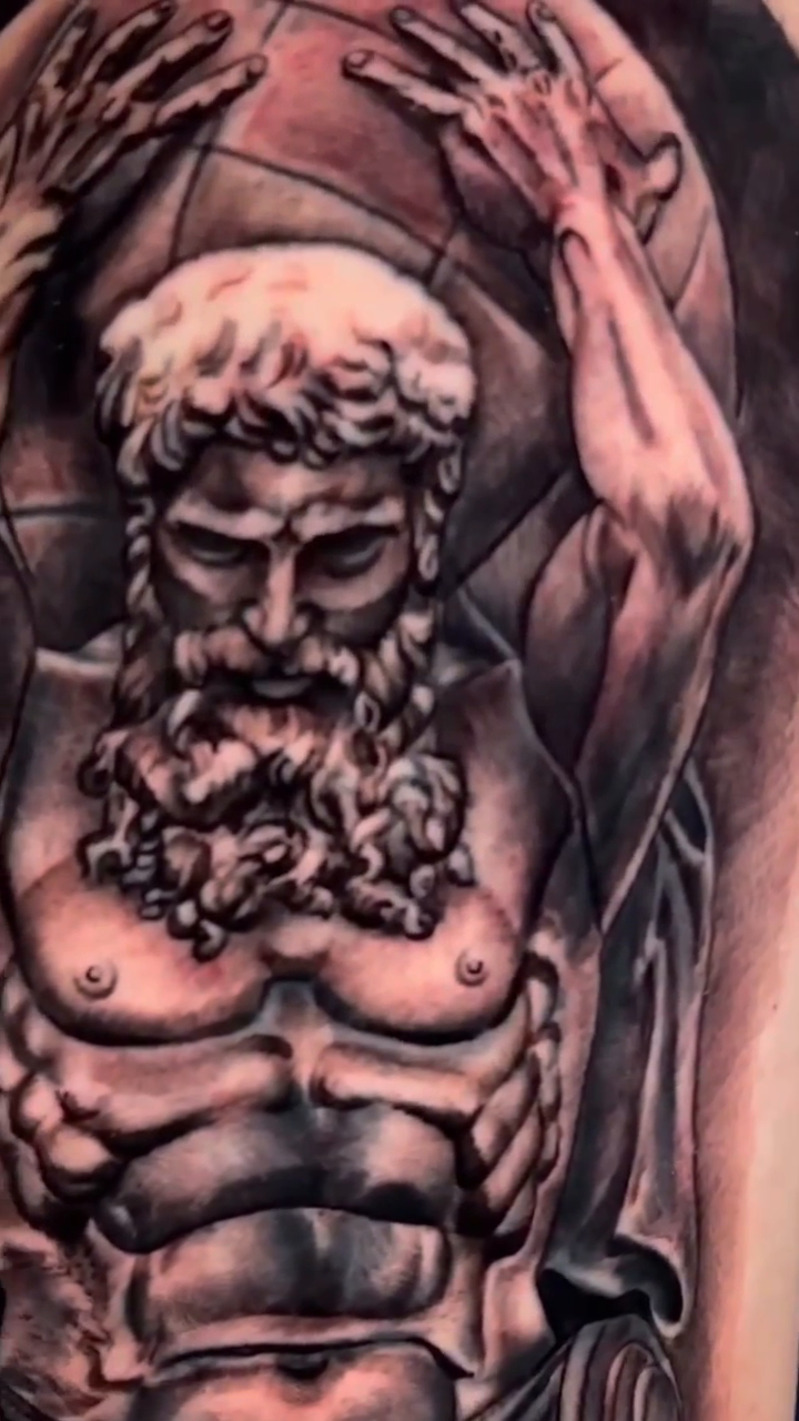 Atlas holding the celestial sphere realism tattoo by Abel Deida