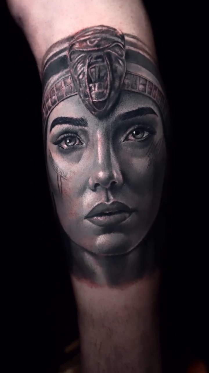 Woman's portrait realism tattoo by Guillermo Columbie, Houston, Texas