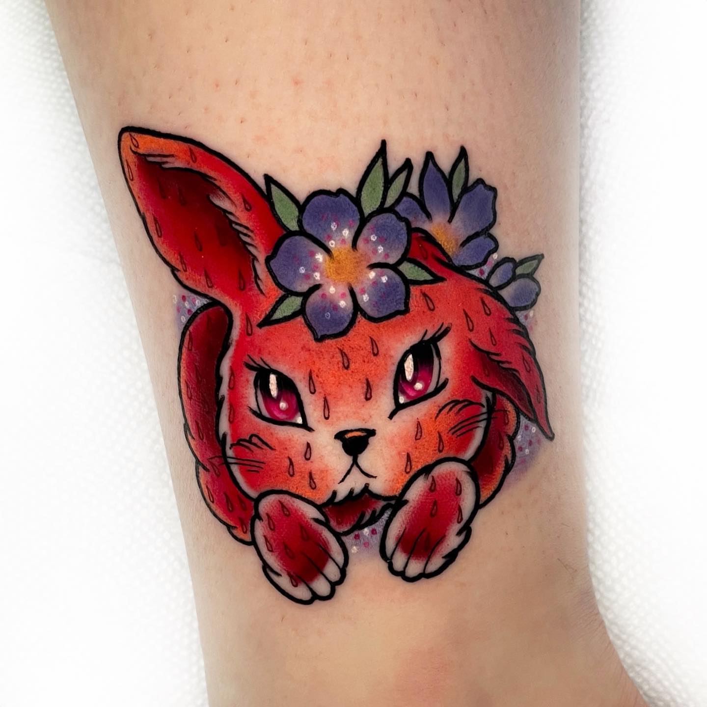 Strawberry rabbit new school tattoo on the forearm by πππ«π ππ¨ππ₯, Dallas, Texas
