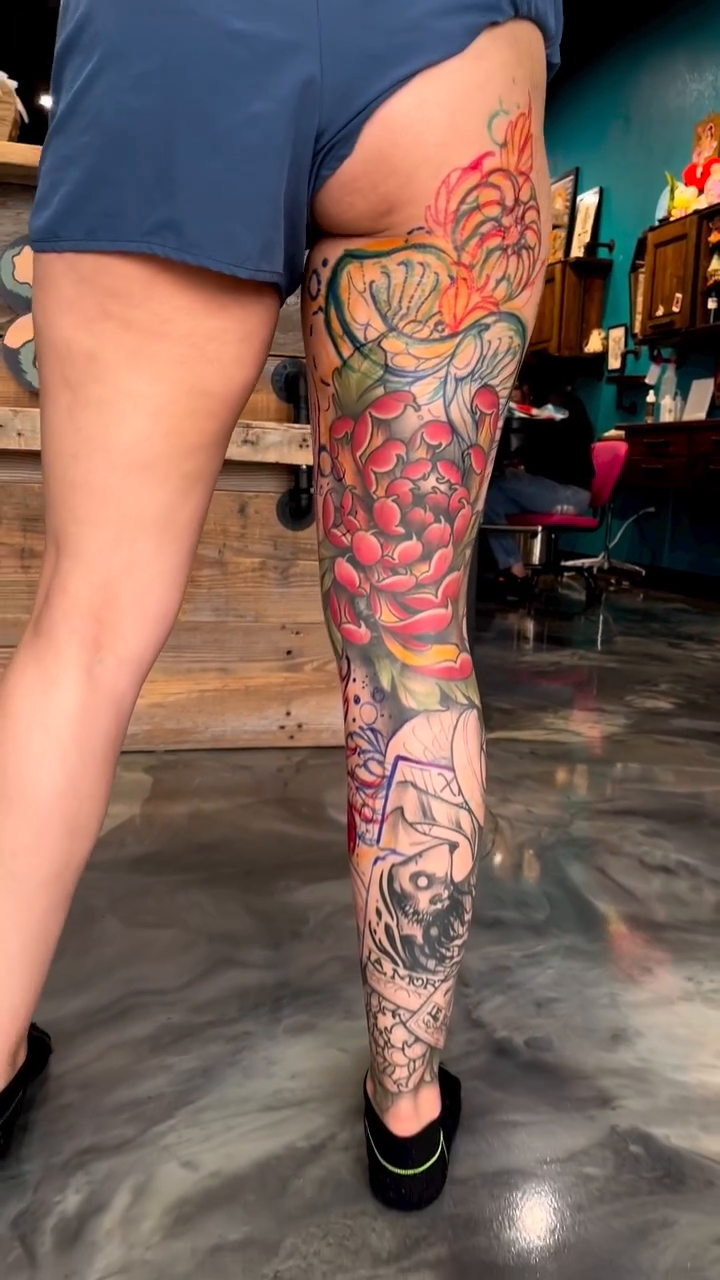 Dragon and chrysanthemum leg sleeve japanese irezumi tattoo by ceci✨, Edinburg, Texas