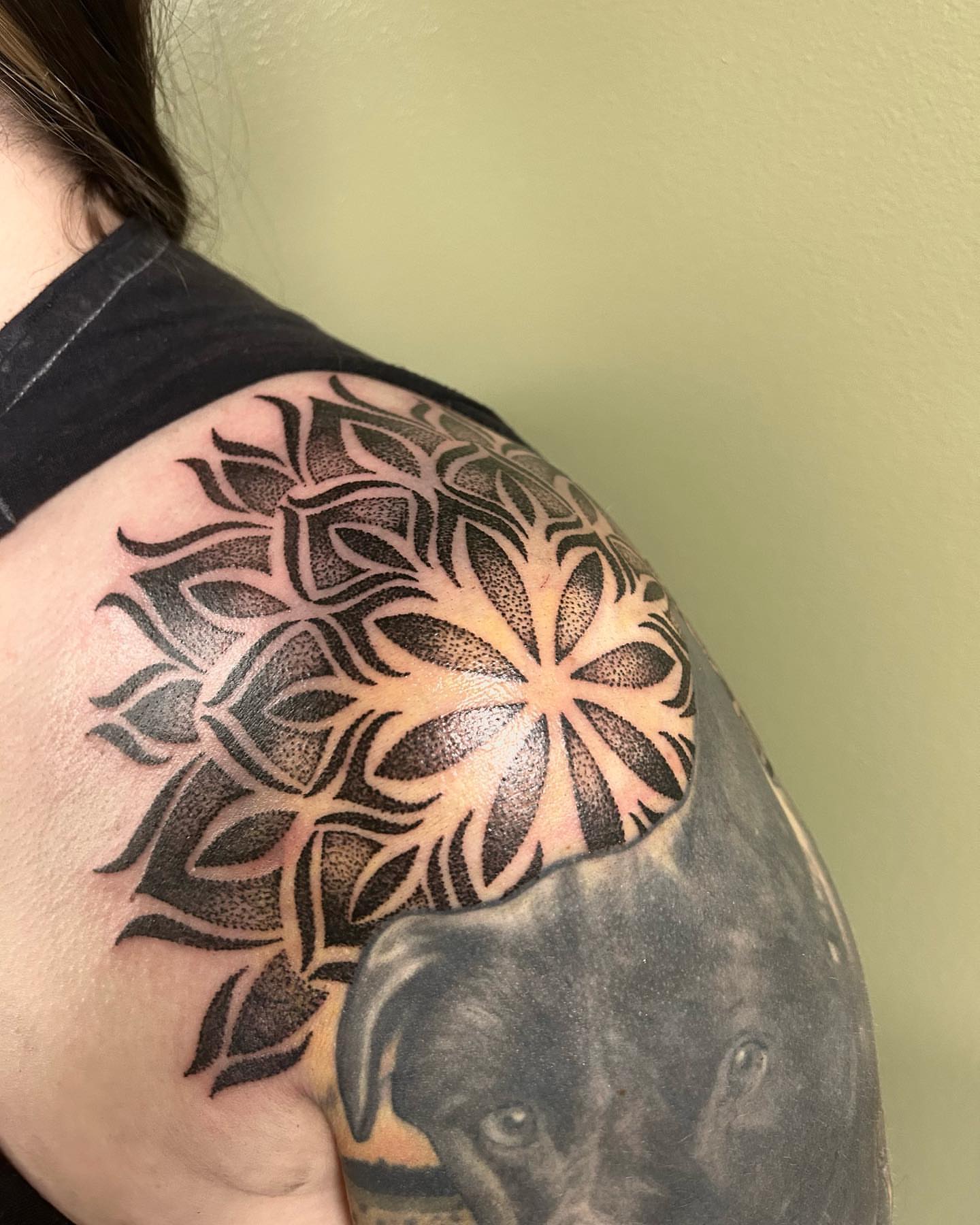 Lotus flower dotwork tattoo on the shoulder by ππππππ ππππππ