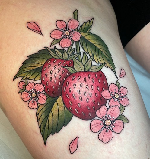 Strawberries and flowers dotwork tattoo on the thigh by Alicia
