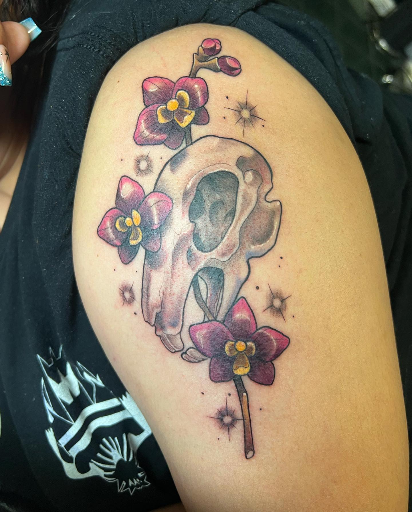 Skull and flowers American traditional tattoo on the shoulder by ✨ 𝖘𝖙𝖆𝖇 𝖘𝖙𝖆𝖇 𝖘𝖙𝖆𝖇 ✨