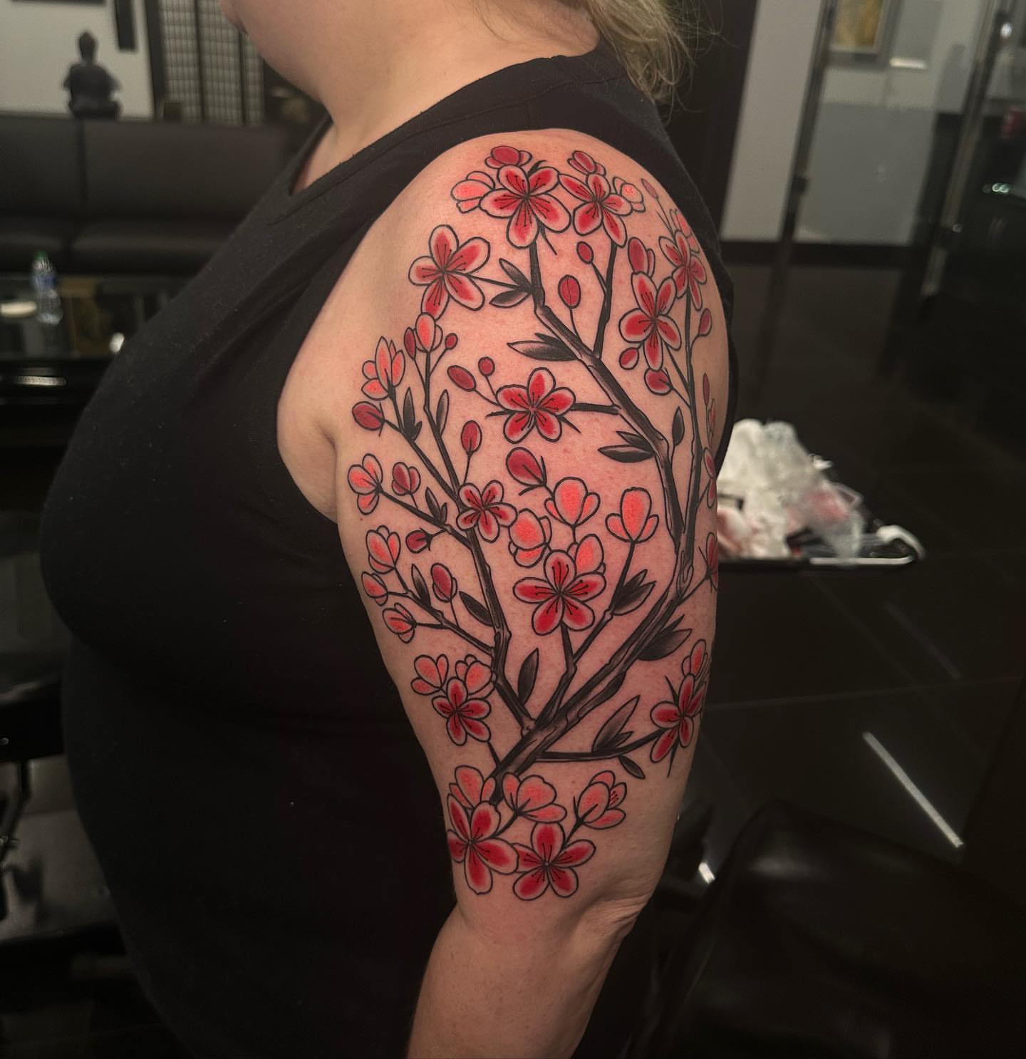 Cherry blossom tree japanese irezumi tattoo on the shoulder by 𝕯𝖗𝖊𝖜 𝕲𝖎𝖑𝖊𝖘 𝕵𝖆𝖙𝖙𝖔𝖔, Addison, Texas